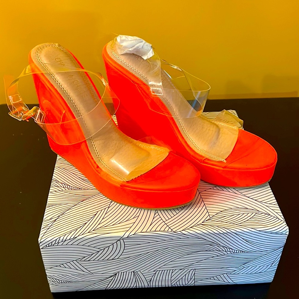 Chase+Chloe - Women’s Neon Orange wedge sandals